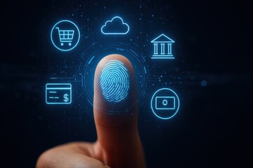 Aufkleber - Fingerprint Security: Illustrating the cutting-edge concept of biometric security, a digital fingerprint is shown overlayed on a fingertip.