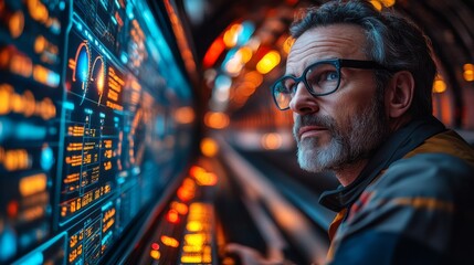 Aufkleber - A logistics professional analyzes data on automated monitoring systems in a transport hub, ensuring safety and operational efficiency during inspections and surveillance activities.