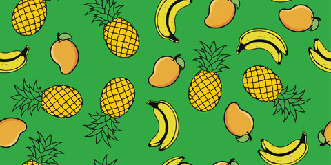 Poster - This vibrant pattern features a cheerful arrangement of pineapples, bananas, and mangoes. Vector for print.