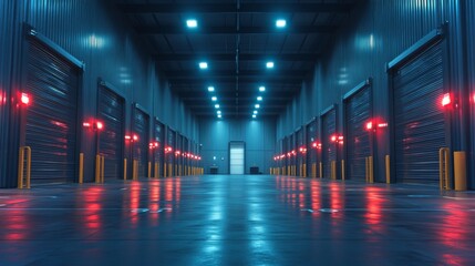 Poster - Large, open warehouse designed for logistics activities featuring multiple loading bays, vibrant lighting, and spaces for cargo handling and inventory storage.