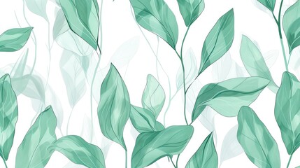 Greenery plants leafy pattern pencil hand seamless drawn natural illustration simple organic design botanical on white background.