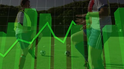 Poster - Green financial graph animation over soccer players practicing on field