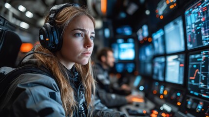 Poster - Operators focus intently on various screens displaying vital metrics related to rocket propulsion and recovery during a space launch, showcasing precision and responsibility in aerospace operations.
