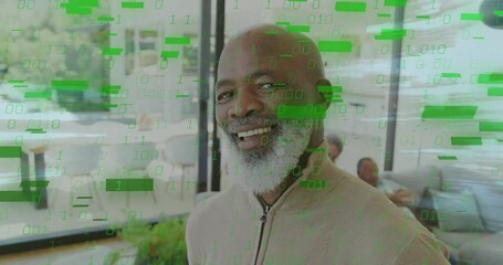 Poster - Smiling man with digital binary code and green data processing animation overlay