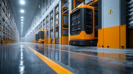 Poster - Advanced automated systems operate in the expansive warehouse, efficiently managing logistics, inventory, and storage of goods within a well organized distribution center.