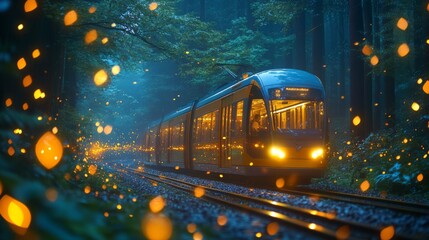 Aufkleber - A metro train moves steadily along tracks surrounded by a serene forest. Glowing lights illuminate the surroundings, creating an enchanting atmosphere during twilight.