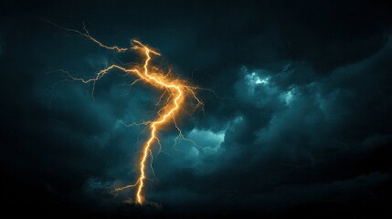 Poster -   Lightning bolt illuminates a dark sky with an ominous cloud in the foreground, casting a warm glow on everything below The intense electrical charge radiates outwards, electr
