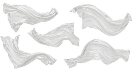 Poster - Five flowing white fabrics suspended against a black background creating a dynamic composition