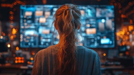 Fototapete - A person studying complex logistics data on a large screen in a busy distribution center filled with technology and bright lights, highlighting the importance of inventory management.