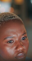 Poster - Office, night and face of business black woman for website, internet and online project. Corporate worker, professional and closeup of person reading emails, research and company report in dark