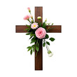© SmartDesignStock - Wooden cross adorned with pink roses and white flowers against a black background in a studio shot