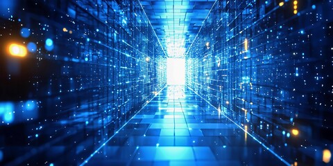Poster - Futuristic corridor illuminated with blue lights and digital patterns creates a mesmerizing effect in a virtual environment