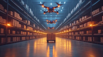 Poster - Drones are actively exploring a high tech warehouse filled with shelves of boxes, enhancing logistics processes and inventory accuracy in a busy distribution hub.