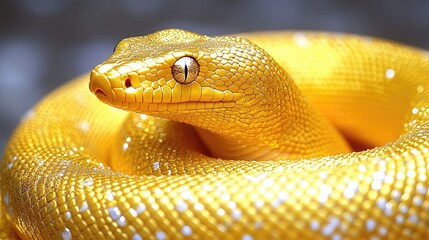 Golden snake coiled, bright eyes, focused reptile portrait