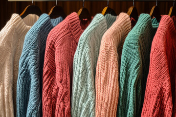 Poster - Colorful acrylic knitted sweaters displayed for sale Generative AI