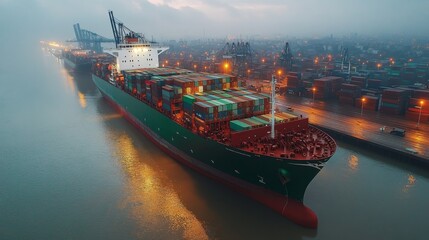 Aufkleber - A large cargo ship approaches the dock at a bustling container terminal as lights illuminate the area. Workers are actively loading and unloading freight containers amidst the evening atmosphere.