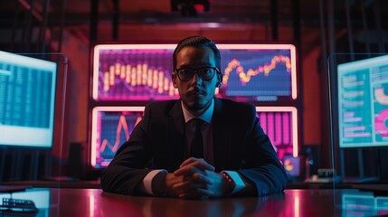 Poster - Business professional analyzing data trends and metrics in a modern office environment with digital dashboards
