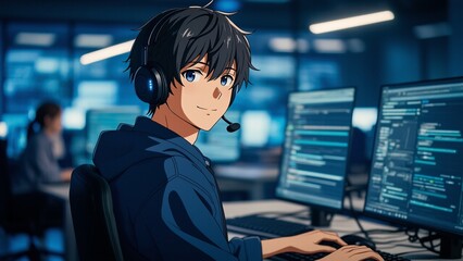 Anime developer works coding computer office professional software development cybersecurity