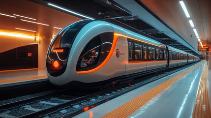 Aufkleber - A sleek, automated subway train stands ready for passengers at a modern urban transit station. Bright lights illuminate the platform as commuters prepare to board during peak travel times.