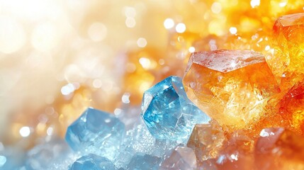 Poster -   A pile of blue and yellow crystals rests atop a table
