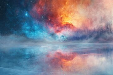 Wall Mural - A serene winter landscape reflected in a frozen lake under a vibrant, cosmic sky.