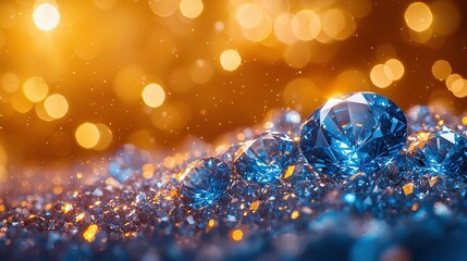 Poster -   A group of glistening blue diamonds resting atop a mound of golden and blue shimmering gems