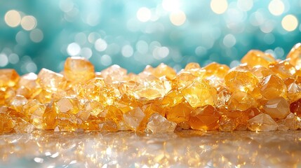 Poster -   Yellow sugar crystals on white counter with blue-green wall and background lights