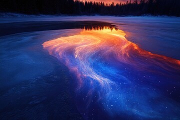 Wall Mural - A mesmerizing celestial reflection on a frozen lake at sunset, creating a cosmic winter scene.