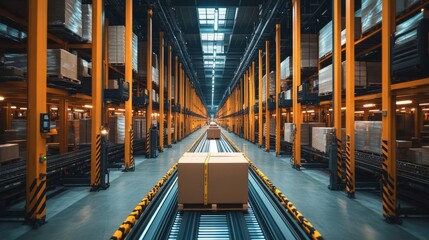 Poster - A vast warehouse filled with neatly organized storage racks and packages on conveyor belts, showcasing the distribution and sorting activities taking place during busy working hours.