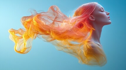 Poster -   A woman's head is portrayed in an image with orange and yellow smoke emanating from it in the form of a female face