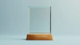 Blank square glass trophy mockup, 3d rendering. Empty acrylic award design mock up. Transparent realistic crystal prize plate template. Premium first place prize plaque, Wooden.