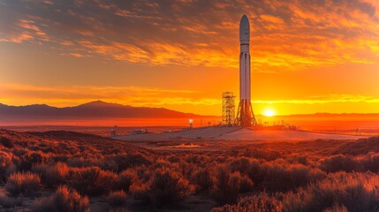 Aufkleber - A rocket stands on the launch pad illuminated by a vibrant sunset, preparing for lift off amid a tranquil desert landscape and distant mountains.