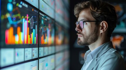 Poster - Data analyst reviewing performance metrics on a digital dashboard in a modern office environment