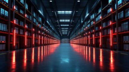 Fototapete - The interior of a modern warehouse features tall shelving units filled with organized inventory. LED lights illuminate the aisles, enhancing visibility for efficient logistics and distribution tasks.