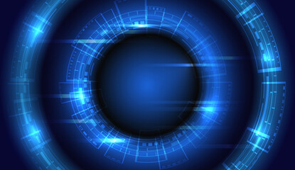 Poster - Wide blue background with circles and different technological elements and glowing lines. High-tech digital computer technology concept. Abstract technological communication vector illustration.