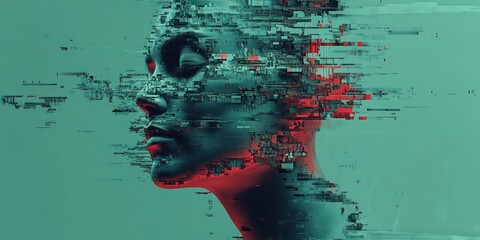 Poster - a stylized digital portrait of a person whose face is breaking apart. The artwork evokes a sense of technological disruption and fragmentation. wallpaper background