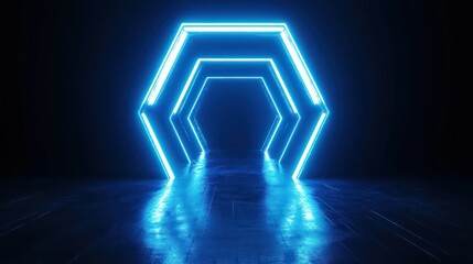 Poster - illuminated blue neon hexagon tunnel with reflections, an invitation to a futuristic space wallpaper