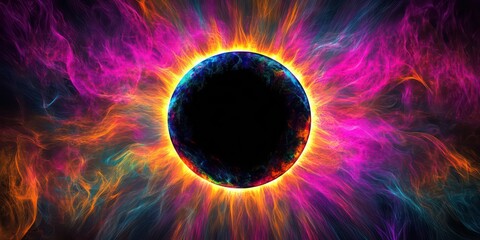Poster - A captivating depiction of a cosmic event, featuring a dark sphere surrounded by vibrant, swirling energy wallpaper background
