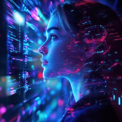 Poster - a woman gazing into a digital, futuristic world with vibrant lights, symbolizing the intersection of humanity and technology