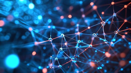 Abstract network with blue and red nodes connected by lines forming a complex interconnected system