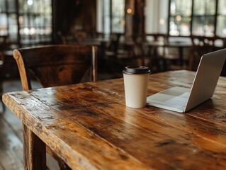 Aufkleber - Office Workspace with Laptop and Coffee Cup on Wooden Table
