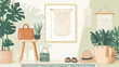 © Sahraya - Spring composition of warm living room interior with mock up poster frame, wooden stool, braided bag, hat, stylish macrame, green stands, slippers and personal accessories. Home decor. Template.