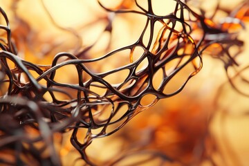 Abstract image of interwoven, dark brown, glossy strands forming a complex network against a blurred orange backdrop.