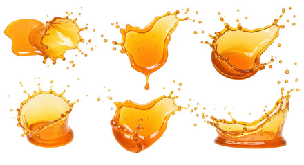 Poster - Isolated orange liquid splashes and droplets in various shapes on a transparent background design element