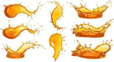 Poster - Collection of dynamic orange liquid splashes isolated against a black background in various shapes