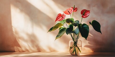 Poster - A beautiful arrangement of red anthurium flowers in a clear vase. This image captures the essence of nature and tranquility. Perfect for interior decor inspiration. AI