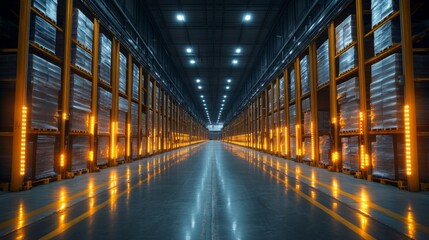 Poster - The spacious warehouse features organized shelves of inventory, illuminated by bright lights, showcasing a state of the art logistics system for efficient operations.