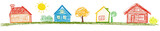 Set of four colorful childlike house icons with simple crayon-style drawings, isolated on transparent background


