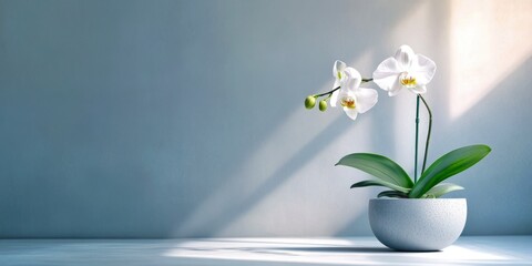 Poster - A beautiful white orchid gracefully rests in a minimalist white pot. The soft, natural light adds warmth to the serene setting. This image embodies tranquility and elegance. AI
