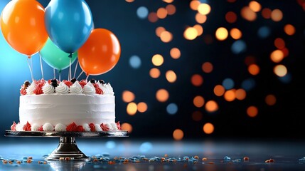 Poster -   A cake rests atop a table, balloons adorning its surface and confetti strewn across the top
